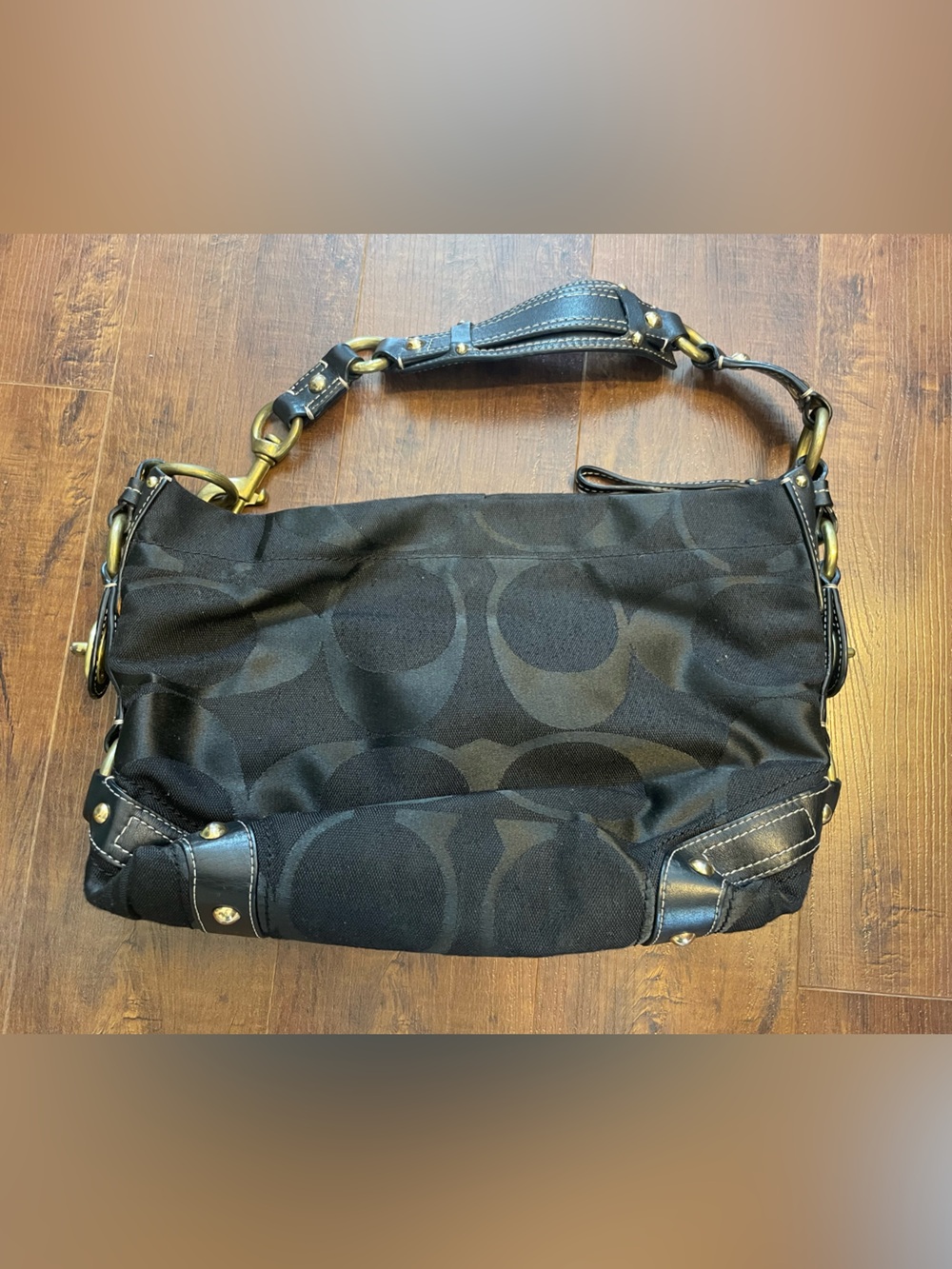 Coach Black Signature Canvas Hobo Bag with Brass Hardware